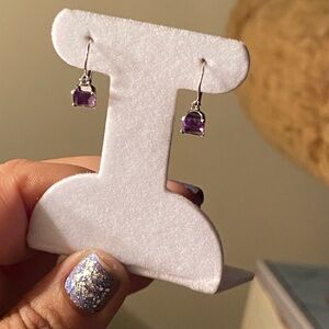 L-7: 1.2ct Princess - Step Cut Amethyst Leverback earrings in solid 10k Wht Gold